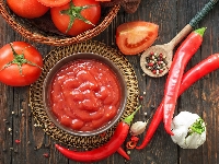 Pomidory, Pomidorowy, Papryka, Talerz, Łyżka, Pieprz, Przecier, Czosnek, Drewniana