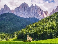 Dolomity, Kościół św. Jana, Lasy, Dolina Val di Funes, Góry, Włochy
