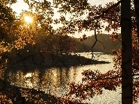 Rzeka, Jesień, Drzewa, Wschód słońca