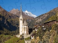 Kościół, Drzewa, Austria, Góry, Domy