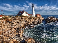Zatoka Casco, Stany Zjednoczone, Skały, Stan Maine, Latarnia morska Portland Head Light, Cape Elizabeth, Morze