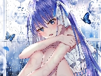 Kokarda, Dziewczyna, Motyle, Manga Anime, Niebieskie włosy, Okno