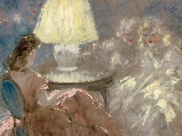 Kobiety, Malarstwo, Lampka, Obraz, Louis Icart, Stół