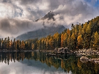 Jezioro Lago di Saoseo, Szwajcaria, Chmury, Dolina Valle di Campo, Skały, Góry, Las, Kanton Ticino