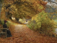 Malarstwo, Kobieta, Droga, A wooded path in autumn, Jesień, Obraz, Hans Andersen Brendekilde, Ławka