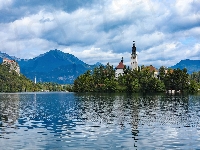 Wyspa Blejski Otok, Kościół Wniebowzięcia Marii Panny, Słowenia, Góry, Jezioro Bled