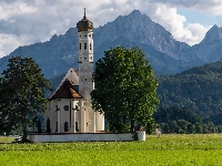 Eglise Saint Coloman, Niemcy, Miejscowość Schwangau, Góry Alpy, Drzewa, Kościół, Las, Bawaria