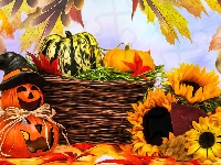 Dynie, Liście, Słoneczniki, Halloween, Koszyk, Kwiaty
