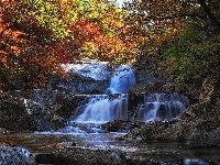 Wodospad, Las, Skały, Jesień, Drzewa, Kamienie
