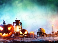 Świece, Halloween, Dynie, Lampa, Czaszka