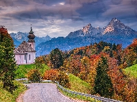 Alpy Salzburskie, Jesień, Bawaria, Sanktuarium Maria Gern, Niemcy, Droga, Góry, Kościół, Drzewa, Berchtesgaden