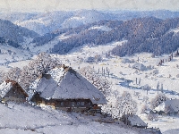 Domy, Karl Hauptmann, Malarstwo, Drzewa, Pejzaż, Góry, Zima, Obraz