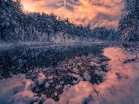 Drzewa, Norwegia, Chmury, Las, Zachód słońca, Zima, Jezioro, Gmina Ringerike