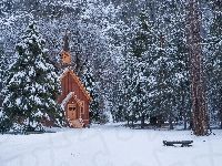 Kaplica, Drzewa, Las, Park Narodowy Yosemite, Stany Zjednoczone, Ławeczka, Zima, Kościółek, Stan Kalifornia