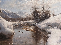 Obraz, Drzewa, Zima, Rzeka, Malarstwo, Peder Mork Monsted, Góry
