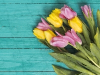 Tulipany, Różowe, Żółte, Deski