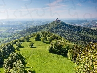 Zamek Hohenzollern, Wzgórze, Jesień, Badenia-Wirtembergia, Las, Góra Hohenzollern, Niemcy, Chmury