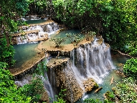 Park Narodowy Erawan, Kaskada, Tajlandia, Wodospad Erawan, Drzewa, Prowincja Kanchanaburi