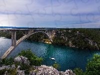 Most Sibenik, Drzewa, Chorwacja, Skały, Zatoka Sibenik, Jacht, Szybenik