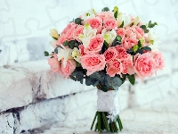Róże, Bukiet, Frezje, Kwiaty, Różowe, Białe