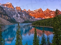 Góry, Prowincja Alberta, Drzewa, Kanada, Park Narodowy Banff, Jezioro Moraine