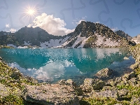 Kaukaz, Promienie słońca, Gruzja, Skały, Góry, Jezioro Nikolaya Busha, Imeretia