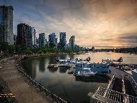 Promenada, Hydroplany, Vancouver, Przystań, Kanada, Wieżowce, Zachód słońca, Zatoka, Wodnosamoloty, Coal Harbour