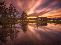 Chmury, Jezioro Vaeleren, Drzewa, Odbicie, Norwegia, Dom, Zachód słońca, Czerwony, Gmina Ringerike