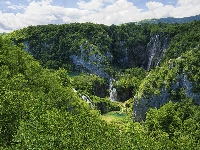 Wodospady, Krzewy, Skały, Drzewa, Chorwacja, Lasy, Park Narodowy Jezior Plitwickich