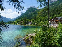 Góry Alpy, Gmina Berchtesgadener, Niemcy, Domy, Jezioro Hintersee, Drzewa, Bawaria