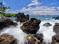 Wyspa Maui, Skały, Chmury, Fale, Hawaje, Morze, Palmy