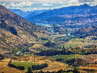 Wzgórza, Góry, Nowa Zelandia, Drzewa, Rzeka, Wyspa Południowa