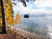 Jezioro Turgoyak, Wysepka, Rosja, Drzewa, Jesień, Brzeg, Obwód czelabiński