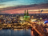 Kolonia, Wschód słońca, Katedra, Miasto, Most Hohenzollernów, Niemcy, Rzeka, Światła