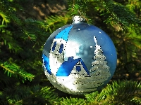 Zielone, Boże Narodzenie, Niebieska, Bombka, Gałązki