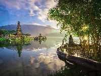 Wyspa Bali, Jezioro Bratan, Kwiaty, Kanna, Wschód słońca, Góry, Świątynia Pura Ulun Danu Bratan, Indonezja, Drzewa