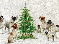 Malarstwo, Choinka, Karl Reichert, Psy, Boże Narodzenie, Obraz