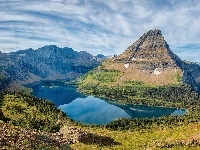 Góry, Stany Zjednoczone, Park Narodowy Glacier, Drzewa, Chmury, Jezioro Hidden Lake, Las, Stan Montana