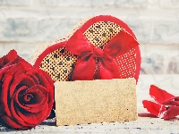 Róża, Walentynki, Serce, Pudełko, Czekoladki, Czerwona, Wstążka, Karteczka