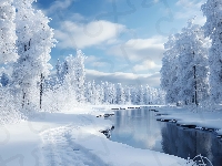 Śnieg, Zima, Drzewa, 2D, Rzeka, Las, Niebo