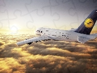 A380, Samolot, Airbus, Chmury