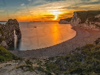 Plaża, Hrabstwo Dorset, Anglia, Wybrzeże Jurajskie, Skały, Durdle Door, Zachód słońca, Morze, Łuk