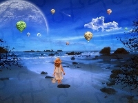 Balony, Wybrzeże, Dziewczynka, Morze