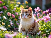 Siedzący, Biało-rudy, Kot, Kwiaty