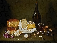 Chleb, Wino, Stół, Butelka, Ser, Winogrona