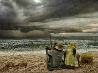 Chmury, Dzieci, Morze, Plaża
