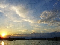 Chmury, Zachód, Słońca, Jezioro