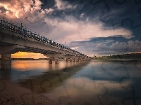 Chmury, Most, Rzeka, Zachód słońca