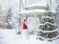 Zima, Choinka, Śnieg, Altana, Boże Narodzenie, Dziewczynka, Drzewa