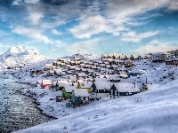 Zima, Cieśnina Davisa, Góry, Grenlandia, Miasto Nuuk, Domy